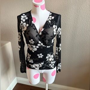 INC International Concepts Black and White Mesh Lined Blouse, Size Smalll
